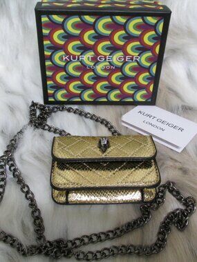 P3187-NIB Gold Quilted Kurt Geiger Micro Bag-Gunmetal Chain Crossbody Strap